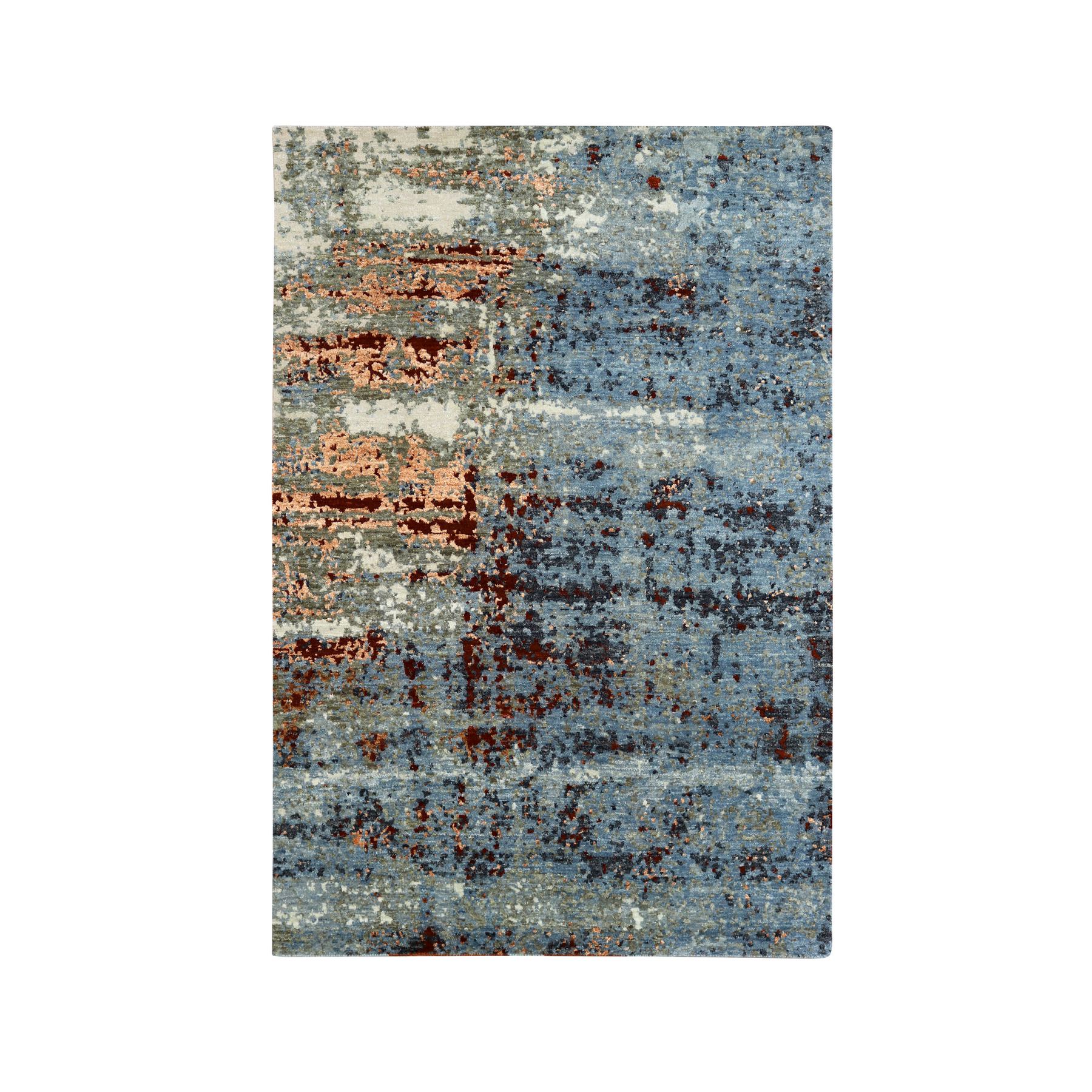 Light Blue with Rust, Persian Knot, Abstract with Galaxy Design, 100% Wool, Hand Knotted, Densely Woven, Oriental Rug